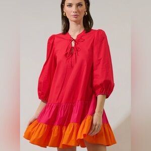 Sugarlips Red Colorblock Tie-Neck Mini Dress with Pink & Orange Tiers